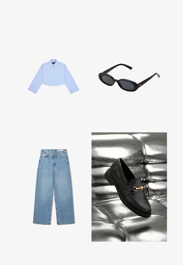 Faux fur jakke i en blød brun farve, med en bred krave, voluminøse ærmer og en afslappet pasform, suppleret med et let indre for.; Afkortet skjorte med lange ærmer i lys blå stof, med klassisk krave, knaplukning foran og et lille logo på venstre bryst.; Lyseblå vide denimjeans med høj talje, fem lommer, knaplukning og diskret falmning for tekstur.; Sorte læder loafers med en guldfarvet hardware detalje. Skoen har et elegant design og en glat, skinnende overflade.; Store store