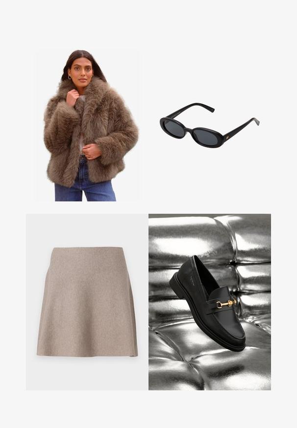 Faux-Fur-Jacke in einer sanften Braunnuance, ausgestattet mit einem breiten Kragen, voluminösen Ärmeln und einer entspannten Passform, ergänzt durch ein leichtes Innenfutter.; Schlichtes weißes Langarmshirt mit Rundhalsausschnitt, von hinten gezeigt, flach auf einem weißen Hintergrund ausgelegt.; Ein beigefarbener, ausgestellter Rock aus weichem Stoff mit glatter Textur und sauberem Saum. Einfaches Design ohne sichtbare Muster oder Verzierungen.; Schwarze Leder-Loafer mit goldfarbener Hardware. Der Schuh zeichnet sich durch ein elegantes Design und eine glatte, glänzende Oberfläche aus.; Schwarze, oversized Sonnenbrillen mit ovalen Gläsern, glattem Kunststoffrahmen und goldenen Akzenten an den Bügeln. Die dunklen Gläser bieten Sonnenschutz.