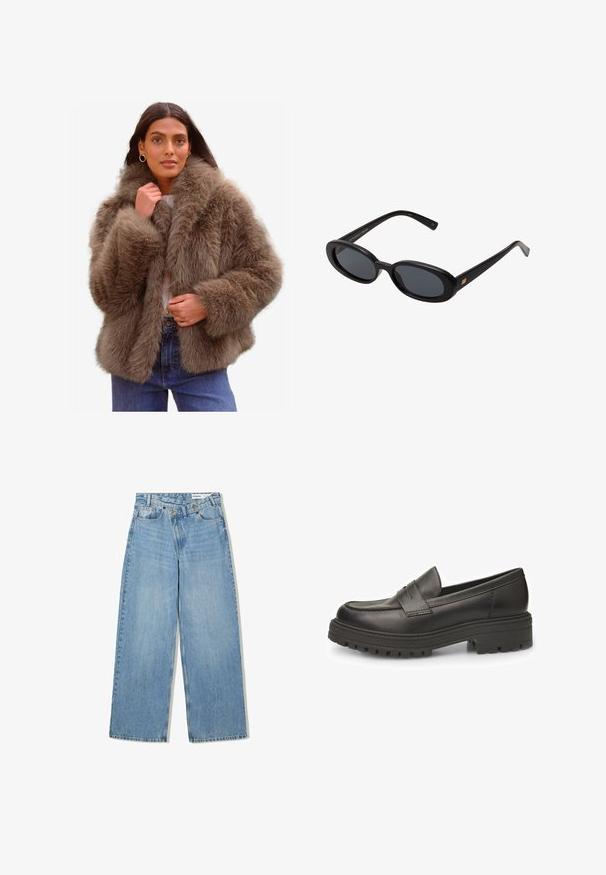 Faux-Fur-Jacke in einer sanften Braunnuance, ausgestattet mit einem breiten Kragen, voluminösen Ärmeln und einer entspannten Passform, ergänzt durch ein leichtes Innenfutter.; Schlichtes weißes Langarmshirt mit Rundhalsausschnitt, von hinten gezeigt, flach auf einem weißen Hintergrund ausgelegt.; Hellblaue weite Jeans aus Denim, mit hoher Taille, fünf Taschen, Knopfverschluss und dezentem Verblassen für Textur.; Schwarze Lederloafer mit abgerundeter Zehenpartie, auffälligen Nähten und einer geriffelten Gummisohle für besseren Halt. Klassisches Schlupfdesign.; Schwarze, oversized Sonnenbrillen mit ovalen Gläsern, glattem Kunststoffrahmen und goldenen Akzenten an den Bügeln. Die dunklen Gläser bieten Sonnenschutz.