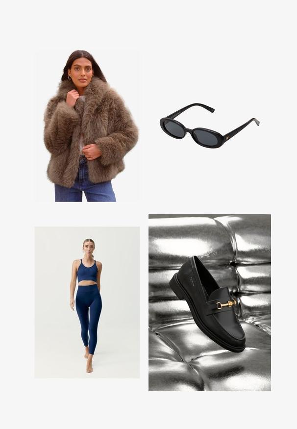 Sztuczna futrzana kurtka w miękkim brązowym kolorze, z szerokim kołnierzem, objętościowymi rękawami i luźnym krojem, uzupełniona lekką podszewką.; Gładka, biała, długosleeve koszula, okrągły dekolt, pokazana od tyłu, leżąca na białym tle.; Granatowy zestaw sportowy składający się z cropped bra z cienkimi ramiączkami oraz spodni z wysokim stanem, wykonany z gładkiego, elastycznego materiału.; Czarne skórzane loafersy z detalem w złotym odcieniu. Buty mają smukły design i gładką, błyszczącą fakturę.; Czarne, oversize okulary przeciwsłoneczne z owalnymi soczewkami, gładkim plastikowym mostkiem i złotymi akcentami na zausznikach. Ciemne soczewki zapewniają ochronę przed słońcem.