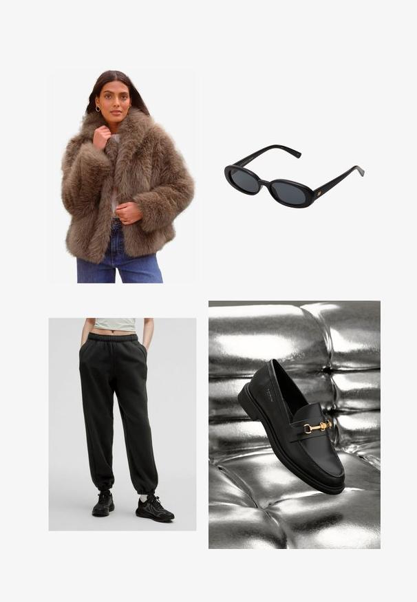 Kabát z umělé kožešiny v jemně hnědé barvě, který má široký límec, objemové rukávy a volný střih, doplněný světlejším vnitřním podšívkou.; Hladká bílá dlouhá košile s dlouhým rukávem, kulatým výstřihem, zobrazená zezadu, ležící na bílém pozadí.; Černé tepláky na stahování s bočními kapsami a elastickými lemy. Měkká látka s uvolněným střihem, doplněné texturovanými černými teniskami.; Černé kožené loafery s detaily zlatého kovu. Obuv má elegantní design a hladký, lesklý povrch.; Černé oversized sluneční brýle s oválnými čočkami, hladkým plastovým rámem a zlatými akcenty na spáncích. Tmavé čočky poskytují ochranu před sluncem.