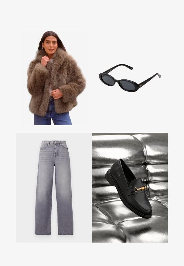 Kabát z umělé kožešiny v jemně hnědé barvě, který má široký límec, objemové rukávy a volný střih, doplněný světlejším vnitřním podšívkou.; Hladká bílá dlouhá košile s dlouhým rukávem, kulatým výstřihem, zobrazená zezadu, ležící na bílém pozadí.; Džínsy s vysokým pasem a širokými nohavicemi ve světlé šedé denimové barvě. Mají klasický pětikapsový design, jemné vyšisování a kovové zapínání na knoflík.; Černé kožené loafery s detaily zlatého kovu. Obuv má elegantní design a hladký, lesklý povrch.; Černé oversized sluneční brýle s oválnými čočkami, hladkým plastovým rámem a zlatými akcenty na spáncích. Tmavé čočky poskytují ochranu před sluncem.