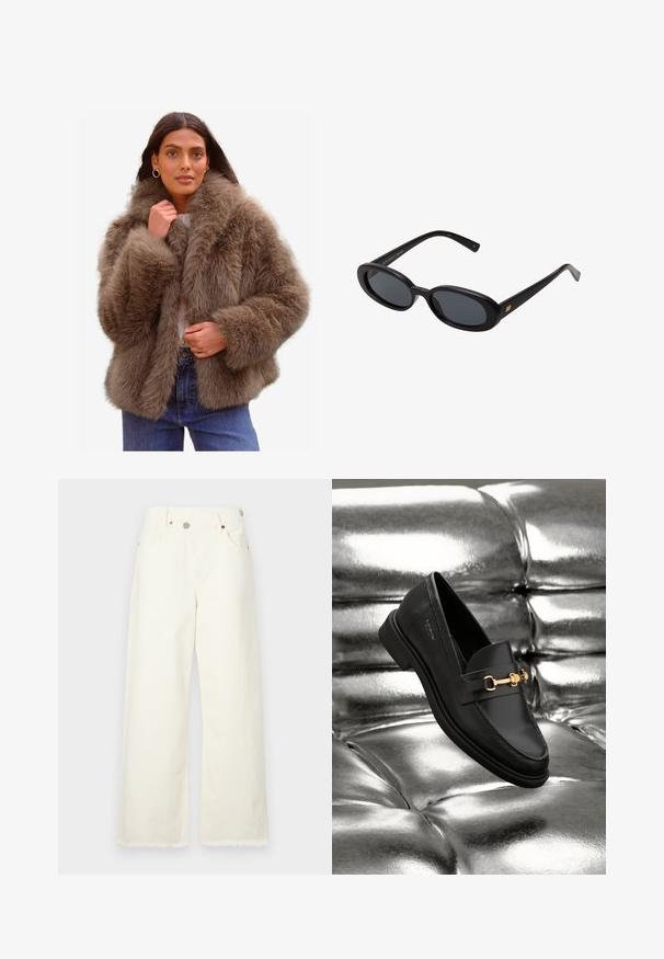 Faux fur-jacka i en mjuk brun färg, med en bred krage, voluminösa ärmar och en avslappnad passform, kompletterad med en lätt innerfoder.; En enkel vit långärmad skjorta med rund hals, visad bakifrån, liggande platt på en vit bakgrund.; Breda, krämfärgade jeans i denim med hög midja, fem fickor och rå fåll för en avslappnad passform.; Svart läderloafer med detaljer i guldfärg. Skon har en slank design och en jämn, blank yta.; Svarta överdimensionerade solglasögon med ovala linser, slät plastbåge och guldaccent på bågarna. Mörka linser ger solskydd.