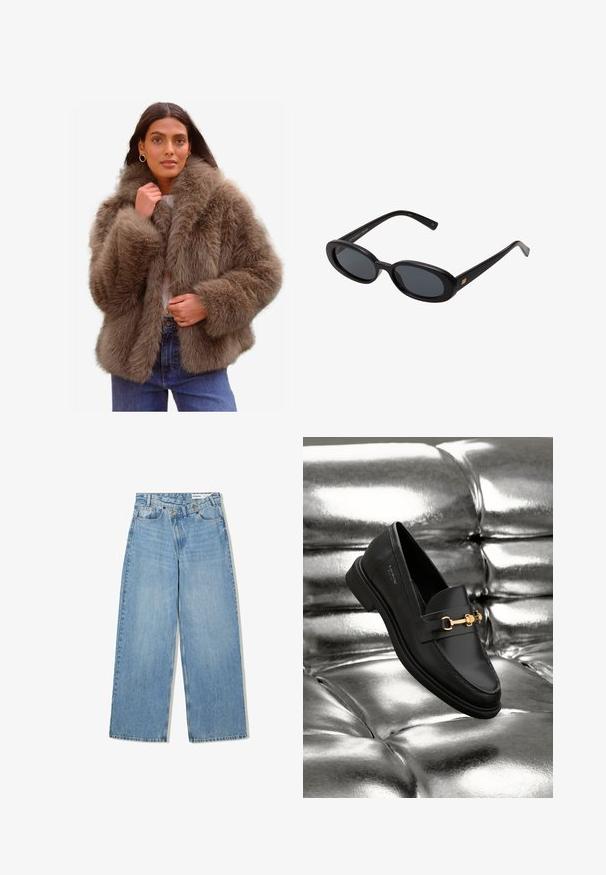 Giacca in pelliccia sintetica di un morbido colore marrone, con un ampio colletto, maniche voluminose e una vestibilità rilassata, completata da una leggera foderatura interna.; Maglietta bianca a maniche lunghe, con scollo rotondo, vista da dietro, posata piatta su uno sfondo bianco.; Jeans azzurri a gamba larga realizzati in denim, con vita alta, cinque tasche, chiusura a bottone e una leggera scoloritura per aggiungere texture.; Mocassino in pelle nera con dettagli in metallo dorato. La scarpa presenta un design elegante e una texture liscia e lucida.; Occhiali da sole neri oversize con lenti ovali, montatura in plastica liscia e accenti dorati sulle tempie. Le lenti scure offrono protezione dal sole.