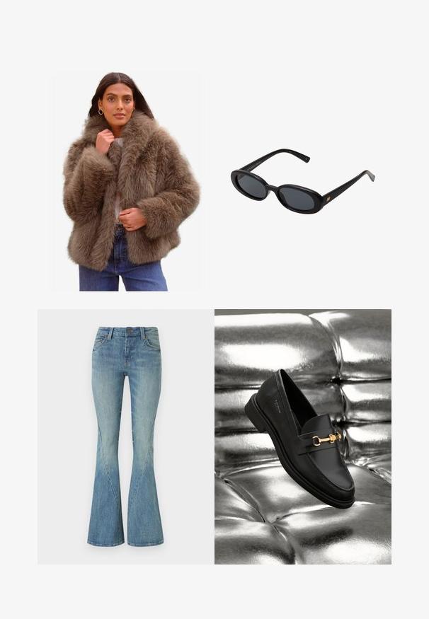 Faux-Fur-Jacke in einer sanften Braunnuance, ausgestattet mit einem breiten Kragen, voluminösen Ärmeln und einer entspannten Passform, ergänzt durch ein leichtes Innenfutter.; Schlichtes weißes Langarmshirt mit Rundhalsausschnitt, von hinten gezeigt, flach auf einem weißen Hintergrund ausgelegt.; Helleblaue ausgestellte Jeans aus Denim. Verfügt über einen vorderen Knopfverschluss, fünf Taschen und dezente Ausbleichungen für die Textur.; Schwarze Leder-Loafer mit goldfarbener Hardware. Der Schuh zeichnet sich durch ein elegantes Design und eine glatte, glänzende Oberfläche aus.; Schwarze, oversized Sonnenbrillen mit ovalen Gläsern, glattem Kunststoffrahmen und goldenen Akzenten an den Bügeln. Die dunklen Gläser bieten Sonnenschutz.
