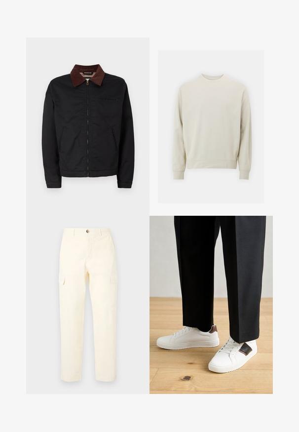 Fekete cipzáras dzseki barna kordbársony gallérral, két elülső zsebbel és egy mellzsebbel, egy sima fehér háttér előtt bemutatva.; Világos bézs színű pulóver, puha anyagból, kerek nyakkivágással, hosszú ujjal, bordás mandzsettával és aljjal. Minimalista dizájn, nem látható minták.; Világos sárga pamut cargo nadrág, oldalás zsebekkel és egyenes lábbal, derékban gombos zárással.; Fehér sneaker, sima textúrával, barna bőr díszítéssel és fekete részletekkel, fekete szabott nadrággal párosítva. Fából készült padló háttér.