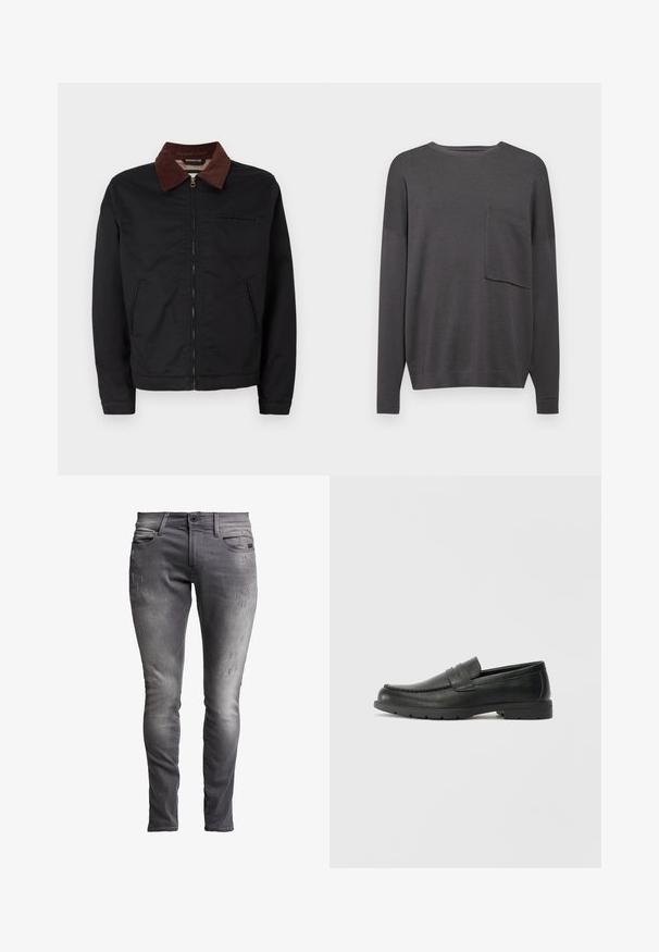 Jaqueta preta com fecho éclair, colarinho de veludo cotelê castanho, dois bolsos frontais e um bolso no peito, exibida sobre um fundo branco liso.; Suéter de malha cinza carvão de mangas compridas com decote redondo e um único bolso no peito. Textura suave com um corte descontraído e punhos canelados.; Calças skinny de ganga cinza com um acabamento desbotado, apresentando um desgaste subtil, um design clássico de cinco bolsos e fecho com botão metálico.; Sapatos mocassins de couro preto com acabamentos lisos, parte superior em estilo mocassins, detalhes em costura e sola de borracha. Design clássico com um salto baixo.