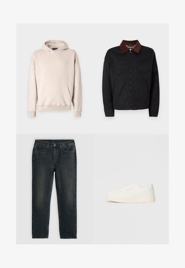 Must must ülikond, millel on pruun puuvillane krae, kaks eesmist taskut ja üks rinnatasku, esitletud tavalise valge tausta taustal.; Helebeige kapuutsiga dressipluus, mis on valmistatud pehmest kangast. Omab känguru taskut, soonikkoes mansetid ja mugavat lõiget.; Tumed sinised denim teksad sirgete sääremõõtudega, viie tasku, lukuga ja kontrastsetes õmblustes. Kanga peal on õrn kulumine.; Valged libisemiskindlad tossud tekstuuriga pinnaga, paksu tallaga ja minimalistikus disainis. Küljel on brändi logo.