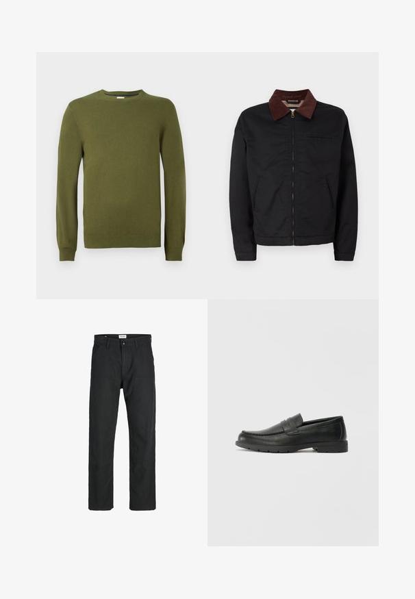 Black zip-up jacket with brown corduroy collar, two front pockets, and one chest pocket, displayed on a plain white background.; Olive green knit sweater, round neckline, long sleeves, ribbed cuffs and hem, smooth texture, lightweight material, casual design.; Black pants made of durable fabric, featuring a straight-leg design, stitched accents, and two front pockets for functionality.; Black leather loafers with a smooth finish, moccasin-style upper, stitched detailing, and a rubber sole. Classic design with a low heel.