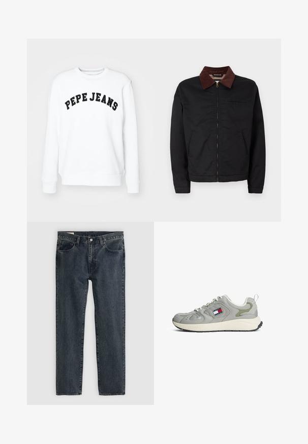 Giacca nera con zip, colletto in corduroy marrone, due tasche anteriori e una tasca sul petto, esibita su uno sfondo bianco semplice.; Felpa bianca in cotone, con scollo rotondo, maniche lunghe e la scritta "PEPE JEANS" stampata in nero sulla parte anteriore.; Jeans in denim blu scuro con un design a gamba dritta, cinque tasche e chiusura con bottone. Il tessuto presenta una leggera sfumatura e texture.; Sneaker sportive grigie realizzate in materiale mesh e pelle, punta tonda, suola bianca, dettagli verdi e un patch con logo sul lato.