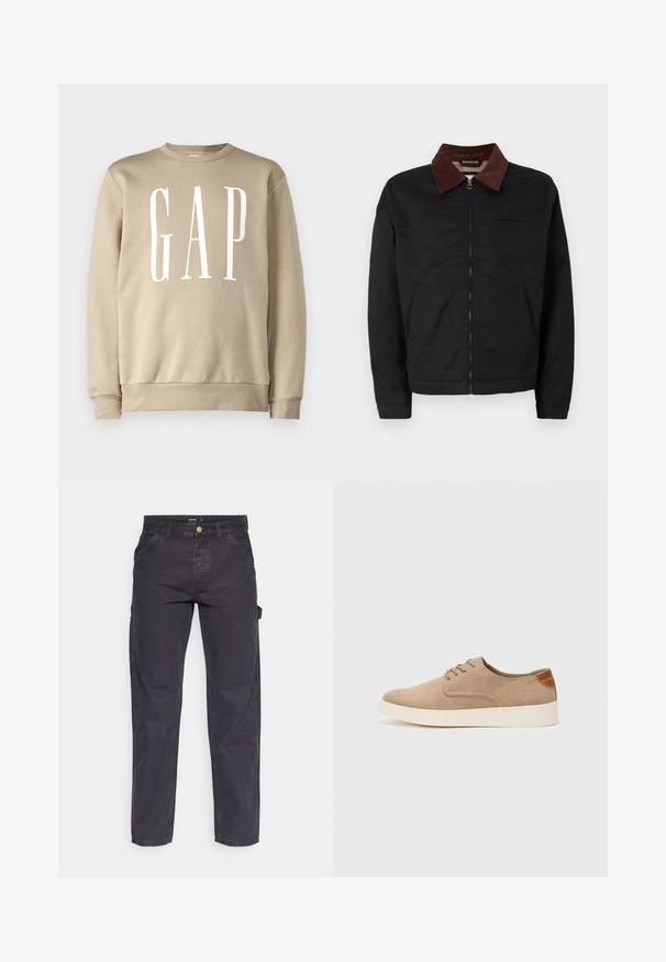 Giacca nera con zip, colletto in corduroy marrone, due tasche anteriori e una tasca sul petto, esibita su uno sfondo bianco semplice.; GAP Felpa - khaki; Pantaloni cargo grigio scuro realizzati in tessuto resistente, con un taglio dritto, cinque tasche e chiusura a bottoni in vita.; Sneaker in suede beige con punta arrotondata, stringhe davanti e un accento testurizzato sul retro. La suola in gomma bianca offre un contrasto. Design semplice e moderno.