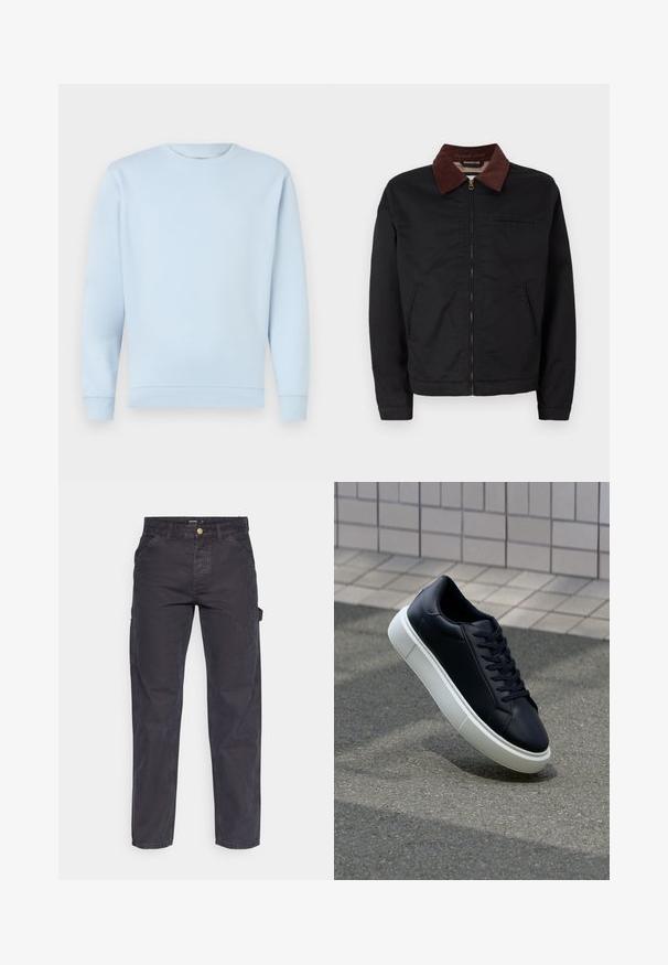 Veste zippée noire avec col en velours côtelé marron, deux poches avant et une poche poitrine, présentée sur un fond blanc uni.; Un sweat-shirt bleu clair en coton doux avec un col ras du cou, des poignets et un ourlet côtelés. Texture lisse, sans motifs ni embellissements.; Pantalons cargo gris foncé en tissu durable, avec une coupe droite, cinq poches et une fermeture à bouton à la taille.; Baskets noires en cuir avec bout arrondi et semelle en caoutchouc blanc. Elles présentent des lacets plats et une couture minimale sur la tige. Semelle texturée pour une bonne adhérence.