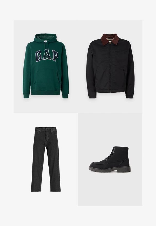Black zip-up jacket with brown corduroy collar, two front pockets, and one chest pocket, displayed on a plain white background.; Green hoodie made of cotton blend, featuring a kangaroo pocket, drawstring hood, and large "GAP" logo in white and navy lettering.; Black denim jeans with a straight leg design, featuring a zip fly, belt loops, and six pockets, made from a sturdy cotton blend fabric.; Black ankle boots made of suede and synthetic material. Rounded toe, six eyelets with metallic laces, thick rubber sole, and minimal text detail.