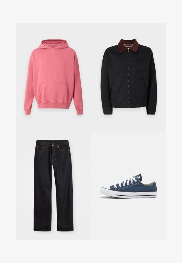 Sort lynlåsjakke med brunt corduroy-krave, to frontlommer og en brystlomme, vist på en ensfarvet hvid baggrund.; Lyserød hættetrøje med kengurulomme, ribstrikkede manchetter og kant. Fremstillet af blødt, tekstureret stof. Enkel design, ingen synlige logoer eller mønstre.; Mænds lige ben sorte denim jeans med fem lommer og orange syninger, knap- og lynlåslukning foran på taljen.; Canvas sneakers i navy blue med hvide snørehuller og snørebånd, med en hvid gummitåhætte og en sort stripe langs sålen.