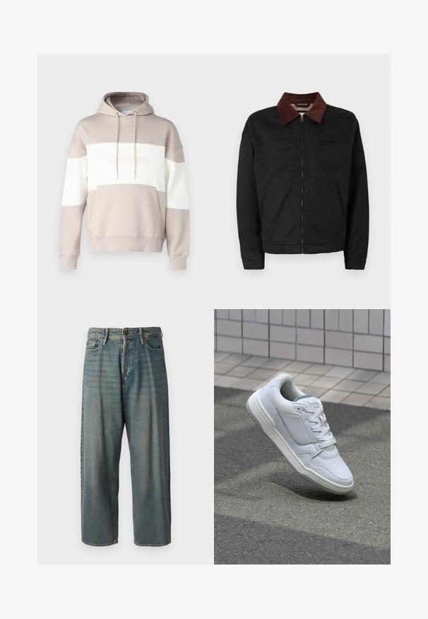 Schwarze Zip-Jacke mit braunem Cordkragen, zwei vorderen Taschen und einer Brusttasche, auf einem schlichten weißen Hintergrund präsentiert.; Beige Kapuzenpullover mit weißen horizontalen Streifen. Verfügt über eine Fronttasche und eine Kordel, hergestellt aus einem weichen Baumwollmischgewebe.; Helle blaue Denim-Jeans mit lockerer Passform, mittelhoher Taille und geraden Beinen. Hat fünf Taschen, Gürtelschlaufen und einen Knopfverschluss.; Weiße Ledersneaker mit perforierten Seiten, strukturierten Akzenten, flachen Schnürsenkeln und einer kontrastierenden grauen Ferse. Verfügt über eine leicht erhöhte Sohle.