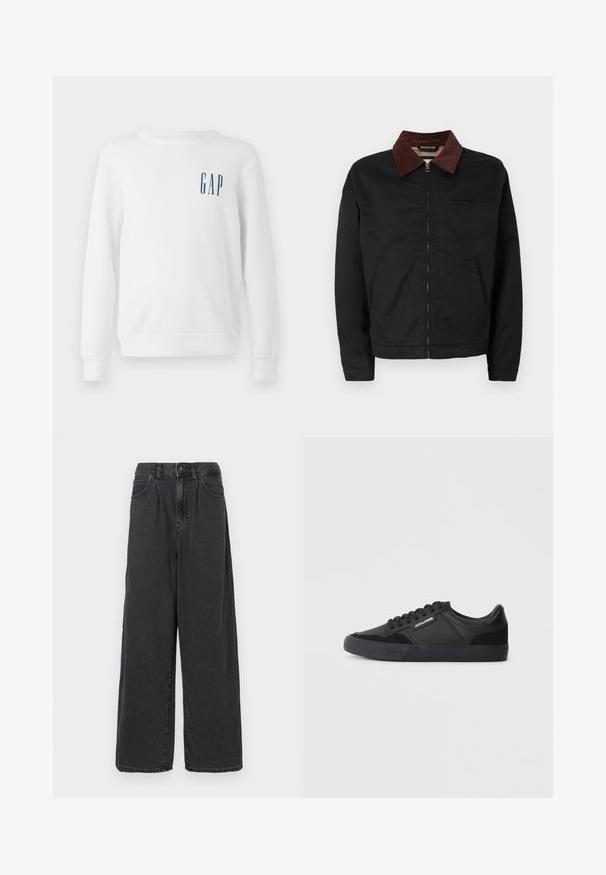 Jaqueta preta com fecho éclair, colarinho de veludo cotelê castanho, dois bolsos frontais e um bolso no peito, exibida sobre um fundo branco liso.; Sweatshirt branco feito de algodão, com mangas compridas e decote redondo. Possui um logotipo azul "GAP" na área do lado esquerdo do peito.; Calças de ganga pretas de perna larga e cintura alta, com fecho frontal de botão e zipper, apresentando bolsos laterais e uma textura suave.; Sapatilhas pretas com uma mistura de materiais em couro e camurça, apresentando cordões redondos, sola de borracha texturizada e um logótipo da marca na lateral.