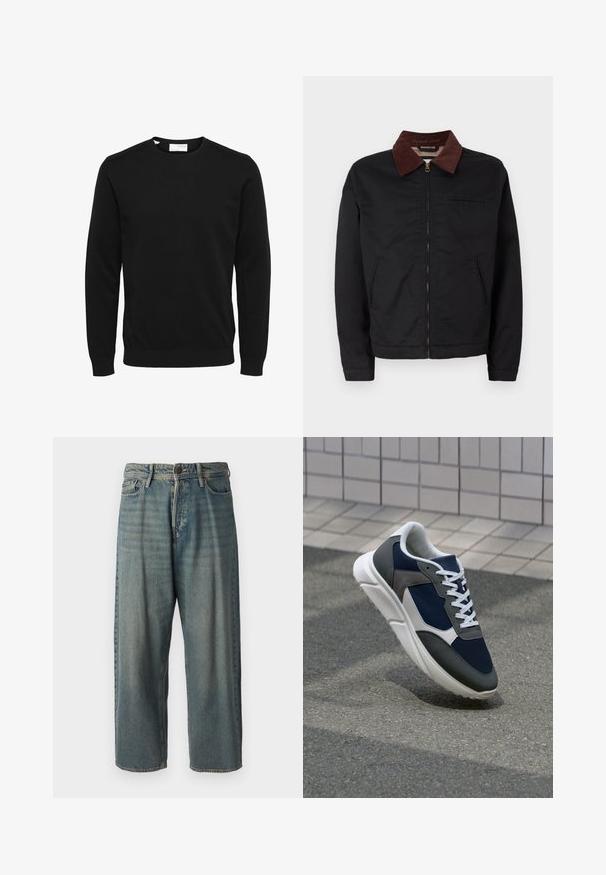 Melnas zip-up jaka ar brūnu korduroja apkakli, divām priekšējām kabatām un vienu krūšu kabatu, izvietota uz vienkārša balta fona.; Melna adīta džemperis, apaļa kakla izgriezums, garas piedurknes, ribota aproce un apakšmala. Vienkāršs dizains, gluda tekstūra, nav redzamu rakstu vai akcentu.; Gaiši zili džinsi ar brīvu piegriezumu, vidējo jostas augstumu un taisnām kājām. Satur piecas kabatas, jostas cilpas un pogu aizdari.; Sporta apavi ar tumši zilas krāsas tīkla augšdaļu, pelēku zamšādas akcentiem, baltu gumijas zoli un plakaniem baltiem šņorēm, kas izstrādāti komfortam un elpojamībai.