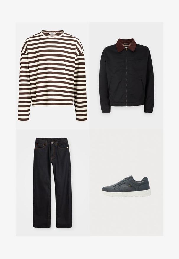 Giacca nera con zip, colletto in corduroy marrone, due tasche anteriori e una tasca sul petto, esibita su uno sfondo bianco semplice.; Maglietta a maniche lunghe a righe marroni e crema con scollatura rotonda, texture a costine e cuciture delle spalle abbassate, caratterizzata da un taglio cropped.; Jeans neri in denim dritto da uomo con cinque tasche e cuciture arancioni, chiusura con bottone e zip sulla vita anteriore.; Sneaker basse di colore grigio scuro con suola bianca, design con lacci, pannello laterale testurizzato e branding giallo "Lee" sul lato.