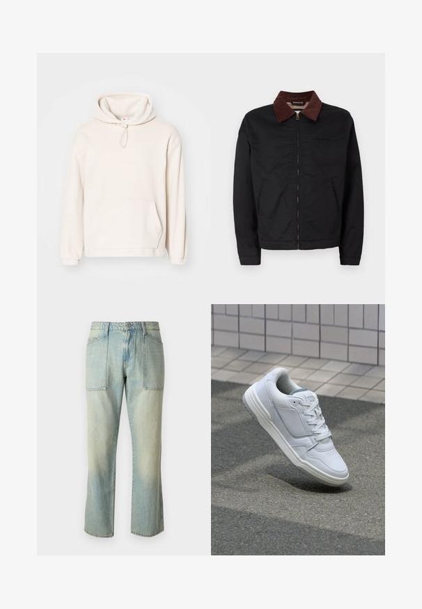 Sort lynlåsjakke med brunt corduroy-krave, to frontlommer og en brystlomme, vist på en ensfarvet hvid baggrund.; Lyse beige hoodie lavet af blødt fleece-materiale. Har en hætte med snøre, en frontlomme, ribbede håndledder og minimal logo-detalje.; Lyseblå denim jeans med lige ben, synlig syning og to store forlommer. Stoffet har en falmet struktur.; Hvide lædersneakers med perforerede sider, teksturerede detaljer, flade snørebånd og en kontrasterende grå hæl. Har en let forhøjet sål.