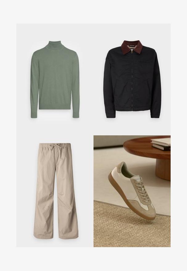 Veste zippée noire avec col en velours côtelé marron, deux poches avant et une poche poitrine, présentée sur un fond blanc uni.; Pull à col montant vert en maille douce. Il possède des manches longues, un col ajusté et des poignets et un ourlet côtelés. Pas de motifs visibles.; Pantalons beiges à jambes larges avec une taille élastique et un cordon de serrage. Texture lisse, deux poches latérales et coutures minimales pour un ajustement décontracté.; Baskets légères avec une tige en cuir blanc et des accents en suede beige, un bout rond et une semelle en caoutchouc brun texturé.