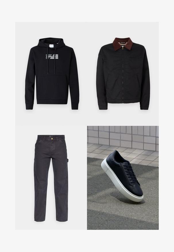Černá zipová bunda s hnědým kordovým límcem, dvěma předními kapsami a jednou náprsní kapsou, vystavená na jednoduchém bílém pozadí.; Černá mikina s kapucí vyrobená z měkké tkaniny, s přední kapsou typu klokan a potiskem loga přes hruď. Dlouhé rukávy s žebrovanými manžetami.; Tmavě šedé cargo kalhoty vyrobené z odolné látky, s rovnými nohavicemi, pěti kapsami a knoflíkovým zapínáním v pase.; Černé kožené tenisky s kulatou špičkou a bílou gumovou podrážkou. mají ploché tkaničky a minimální šití na svršku. Texturovaná podrážka pro lepší přilnavost.