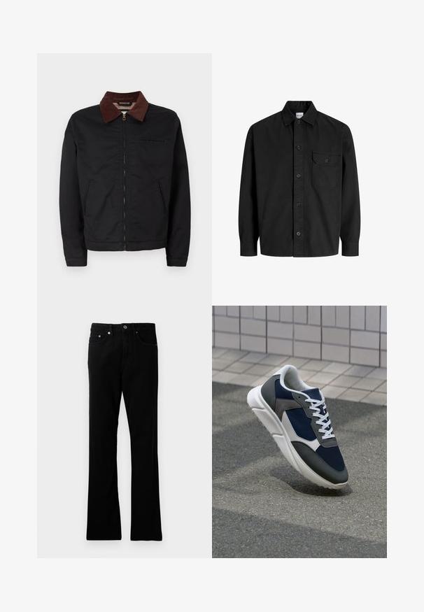 Svart zip-up jakke med brun kordfløyelskrage, to frontlommer og en brystlomme, vist mot en enkel hvit bakgrunn.; Svart langermet skjorte med knapper, krage og en enkelt brystlomme med en knappelukking på klaffen.; Svart denim bukser med rett passform, fem lommer, metallknapplukking og subtile sømdetaljer. Jevn tekstur og ensartet farge.; Sneakers med en navy blå mesh-overdel, grå sømværk, hvit gummisåle og flate hvite snører, designet for komfort og pusteevne.