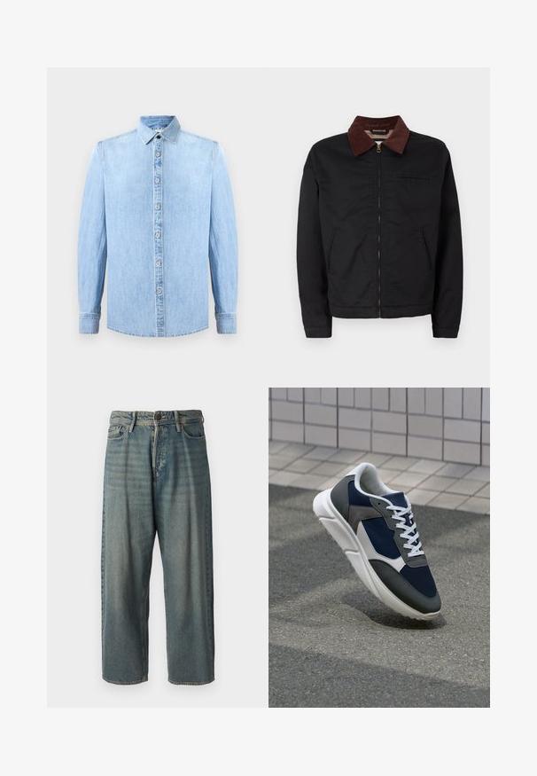 Juodas užtrauktukas striukė su rudų kordūro apykakle, dviem priekinėm kišenėm ir viena krūtinės kišene, pristatyta ant paprasto balto fono.; Šviesiai mėlyna džinsinė marškinė su ilgomis rankovėmis, mygtukų užsegimu priekyje ir klasikiniu apykakle. Pasižymi lygia tekstūra ir siūlėmis dekoruotais akcentais.; Šviesiai mėlyni džinsai su laisvu siluetu, vidutinio aukščio juosmeniu ir tiesiomis kojomis. Su penkiais kišenėmis, diržo kilpo ir mygtukų uždarymu.; Sportiniai bateliai su tamsiai mėlynu tinkliniu viršumi, pilkais zomšiniais akcentais, balta guma padanga ir plokščiomis baltomis raištelėmis, sukurti komfortui ir oro pralaidumui.