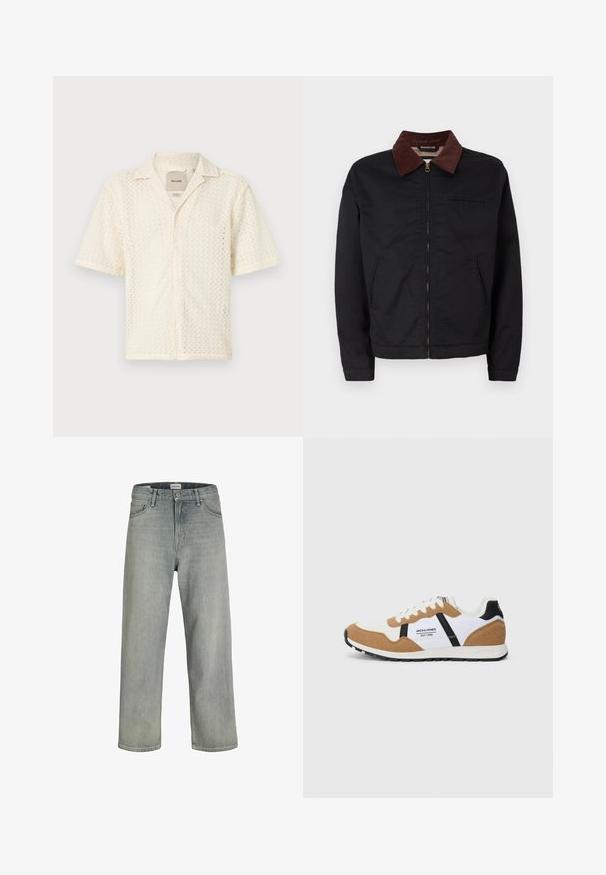 Svart zip-up jacka med brun manchesterkrage, två framfickor och en bröstficka, presenterad mot en enkel vit bakgrund.; Kortärmad, krämfärgad skjorta av texturerad tyg med ett zigzagmönster och knäppning framtill. Har en klassisk krage och ficka.; Ljust grå, löst sittande jeans av denim. Har en klassisk fem-fickorsdesign, bältesöglor och en rak benprofil.; Retro-stil sneakers i vit, tan mocka, svarta accenter, vita snören och "Jack & Jones EST. 1990" logotyp på sidan.