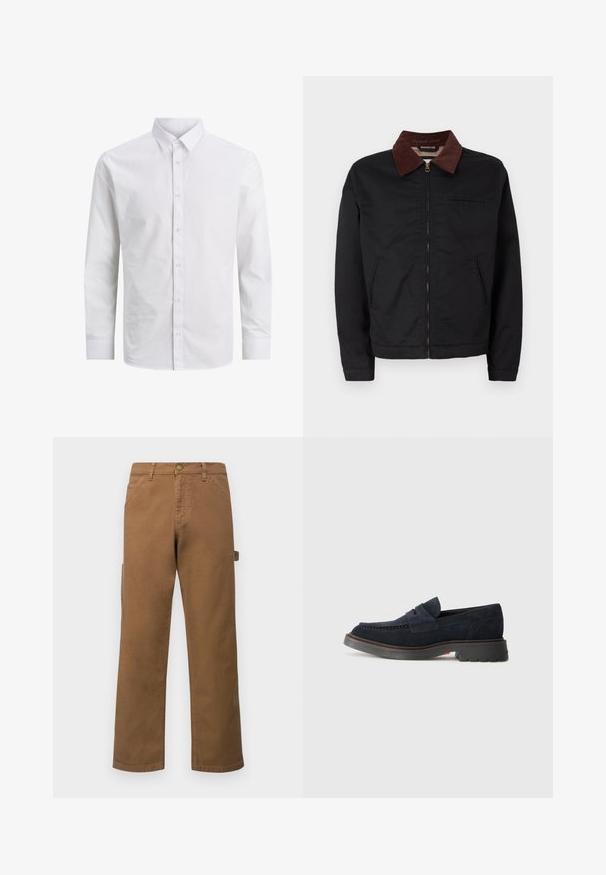 Černá zipová bunda s hnědým kordovým límcem, dvěma předními kapsami a jednou náprsní kapsou, vystavená na jednoduchém bílém pozadí.; Bílá košile s dlouhým rukávem vyrobená z hladké bavlny, s klasickým límcem a předním zapínáním na knoflíky, bez vzorů nebo akcentů.; Hnědé bavlněné cargo kalhoty se rovnými nohavicemi, které mají boční kapsy a kovové zapínání v pase. Hladký povrch a ležérní design.; Navy modré semišové mokasíny s kulatou špičkou, dekorativním prošíváním a gumovou podrážkou s mírným zvýšením. Odolný materiál a design.