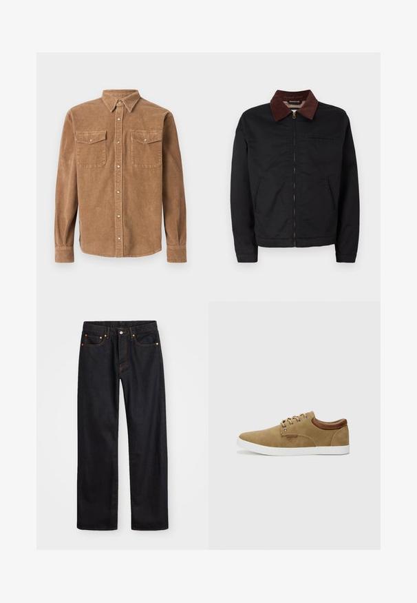 Schwarze Zip-Jacke mit braunem Cordkragen, zwei vorderen Taschen und einer Brusttasche, auf einem schlichten weißen Hintergrund präsentiert.; Braunes Cordhemd mit Button-Down-Kragen, zwei Brusttaschen und strukturierter Oberfläche. Verfügt über eine KnopfverschClosure und lange Ärmel.; Herren gerade geschnittene schwarze Jeans aus Denim mit fünf Taschen und orangefarbenen Nähten, Knopf- und Reißverschluss vorne am Bund.; Beige Wildlederschuhe mit weißer Gummisohle, braunen Lederakzenten an der Ferse und silbernen Ösen für die Schnürsenkel. Einfaches, abgerundetes Design.