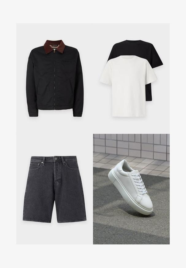 Veste zippée noire avec col en velours côtelé marron, deux poches avant et une poche poitrine, présentée sur un fond blanc uni.; Ensemble de t-shirts en coton comprenant un haut noir et un haut blanc, tous deux à manches courtes, avec un col rond et une coupe standard. Tissu texturé.; Shorts en denim gris foncé avec une coupe droite. Comprend deux poches avant, une poche arrière et une fermeture à bouton métallique.; Baskets en cuir blanc avec une surface lisse, bout rond et lacets plats blancs. Présentent une semelle en caoutchouc texturée et des éléments de design minimalistes.