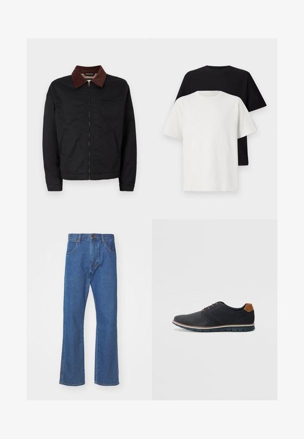 Juodas užtrauktukas striukė su rudų kordūro apykakle, dviem priekinėm kišenėm ir viena krūtinės kišene, pristatyta ant paprasto balto fono.; Medvilniniai marškiniai, kuriuos sudaro juodas ir baltas marškinėliai, abu su trumpomis rankovėmis, apvaliu iškirpimu ir standartiniu sijonu. Tekstūruota medžiaga.; Mėlyni džinsai su tiesiu sijonu, penkiomis kišenėmis ir sagčių uždarymu juosmens srityje. Vidutinio svorio audinys su lygiu paviršiumi.; Juodi sintetiniai batai su tekstūruotu paviršiumi, lygiomis detalėmis, ruda kulna ir kontrastingu padu. Yra minimalus raištelių užsidėjimas ir siuvimo detalės.