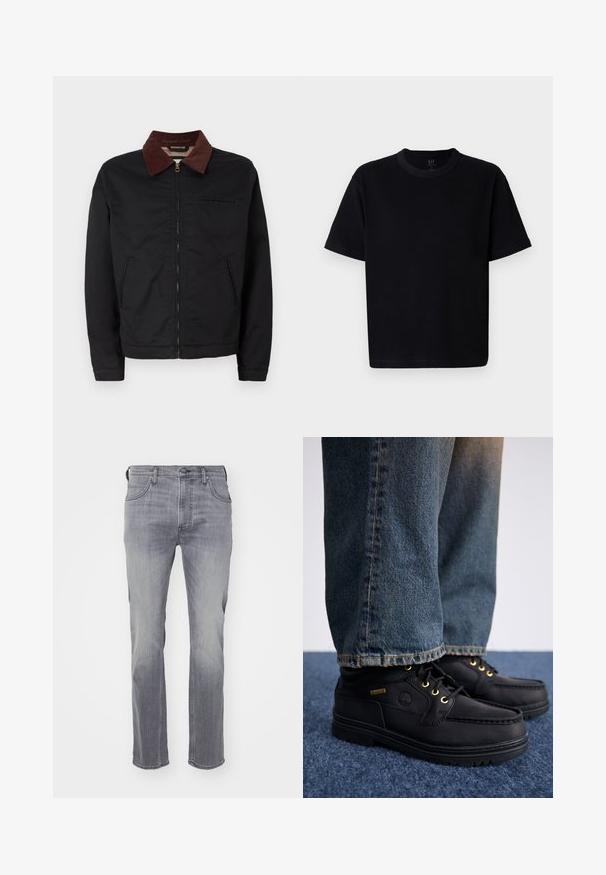 Svart zip-up jakke med brun kordfløyelskrage, to frontlommer og en brystlomme, vist mot en enkel hvit bakgrunn.; Svart bomulls t-skjorte med rund hals, korte ermer og rett snitt. Har minimal søm og en myk, glatt tekstur.; Grå denimjeans har en rett ben-design, fem-lommestil og en falmet finish. Materialet har en glatt tekstur og litt stretch.; Sorte lærko med guldfarvede øjer og en stribet overflade, parret med blå denim jeans. Skoene har en lagdelt sål og et branddetails.