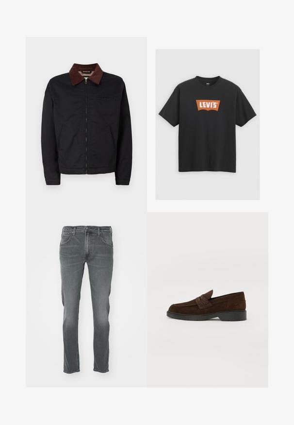 Veste zippée noire avec col en velours côtelé marron, deux poches avant et une poche poitrine, présentée sur un fond blanc uni.; T-shirt en coton noir avec un grand logo orange de Levi's sur le devant, manches courtes et col rond.; Jean en denim gris avec une coupe droite, doté d'une fermeture à bouton, de cinq poches et d'un léger délavage à l'avant.; Mocassins en daim marron avec un bout arrondi et une semelle en caoutchouc noir robuste. Présentent une sangle décorative et des coutures sur le dessus.