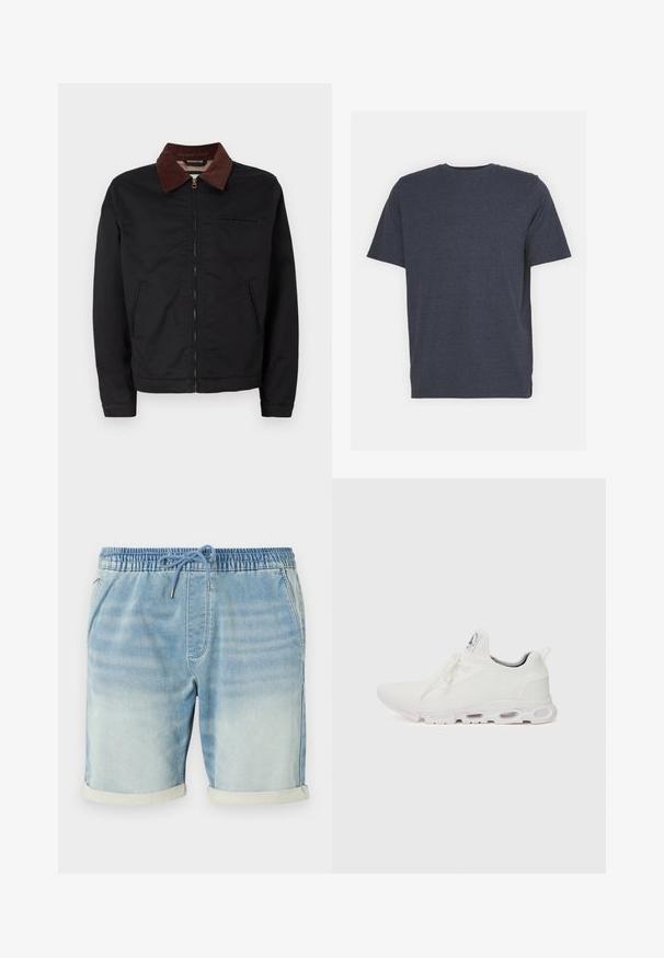 Must must ülikond, millel on pruun puuvillane krae, kaks eesmist taskut ja üks rinnatasku, esitletud tavalise valge tausta taustal.; Tumed sinine ümar kaelusega T-särk, mis on valmistatud pehmest puuvilla segamisel põhinevast kangast, lühikeste varrukatega ja tavalise lõikega. Ilma nähtavate mustrite või aktsentideta.; Heled sinised teksashortsid elastse vöökoha, kummipaela sulgemise, küljetaskute ja rullitud äärega. Sile tekstuur.; Valged sportijalatsid, millel on tekstuuriga kudum peal, lame paelad ja pehmendatud tallad nähtavate õhukambritega täiendava toe jaoks.