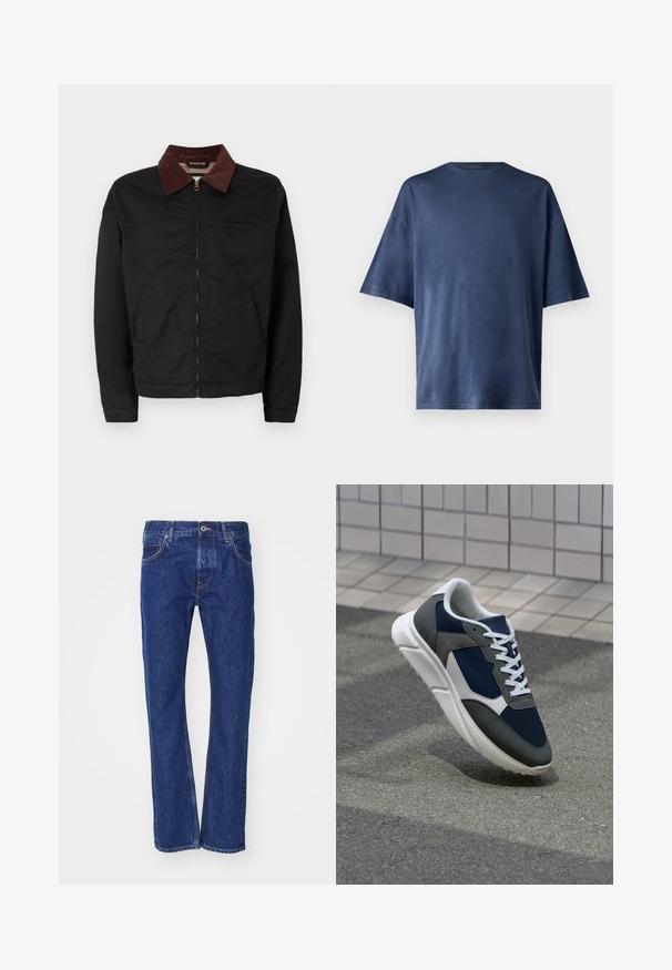 Chaqueta negra con cremallera y cuello de pana marrón, con dos bolsillos frontales y un bolsillo en el pecho, exhibida sobre un fondo blanco liso.; Camiseta de manga corta azul marino, hecha de una tela suave, con un cuello redondo clásico y un corte relajado, sin patrones ni acentos visibles.; Jeans de denim azul con corte recto, que cuentan con bolsillos frontales, cierre de botón y detalles de costura sutiles.; Zapatillas con una parte superior de malla azul marino, detalles en gamuza gris, suela de goma blanca y cordones blancos planos, diseñadas para la comodidad y transpirabilidad.