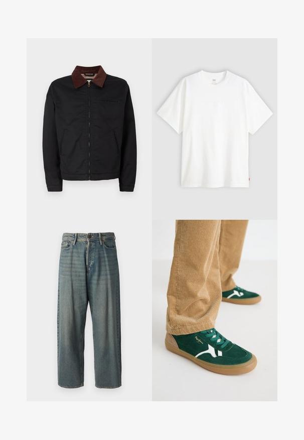 Fekete cipzáras dzseki barna kordbársony gallérral, két elülső zsebbel és egy mellzsebbel, egy sima fehér háttér előtt bemutatva.; Fehér, rövid ujjú pamut póló, kerek nyakkivágással. Az elülső részen finom, domború logós részlet található, valamint egy piros cimke az alsó szegélyen.; Világoskék farmernadrág, laza fazonnal, közepes derékbőséggel és egyenes szárral. Öt zsebet, övbucskát és gombos záródást tartalmaz.; Zöld velúr sportcipő fehér díszítéssel és zöld fűzőkkel. Gumitalp, kerek orr és bézs részletek a sarokon. Csíkos nadrággal viselve.