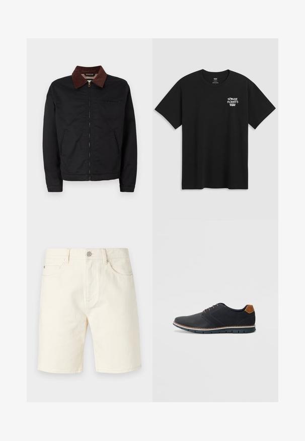 Svart zip-up jakke med brun kordfløyelskrage, to frontlommer og en brystlomme, vist mot en enkel hvit bakgrunn.; Svart bomull t-skjorte med brysttrykk som leser "HUSPLANTER" i hvit stilisert skrift med "Levi's" under. Klassisk crew-hals.; Lys beige denimshorts med klassisk snitt, med frontlommer, beltehemper og knappelukking. Glatt tekstur med ensfarget design.; Sorte syntetiske sko med en teksturert overdel, glatte detaljer, brun hæl og en kontrastfarge på sålen. Har minimalt snøring og sømdetaljer.