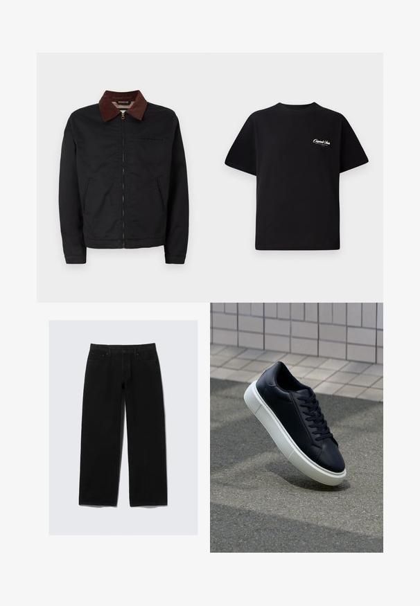 Sort lynlåsjakke med brunt corduroy-krave, to frontlommer og en brystlomme, vist på en ensfarvet hvid baggrund.; Sort bomulds T-shirt med rund halsudskæring, korte ærmer og lille hvid logo tekst på venstre bryst. Enkel design, klassisk pasform.; Sorte vide benbukser i denim. Har en klassisk fem-lomme design, knap- og lynlåslukning samt forstærket syninger.; Sort lædersneaker med rund tå og hvid gummisål. Har flade snørebånd og minimal syning på overdelen. Tekstureret sål for bedre greb.