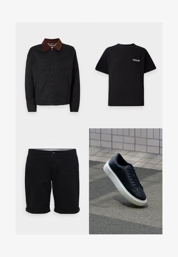 Black zip-up jacket with brown corduroy collar, two front pockets, and one chest pocket, displayed on a plain white background.; Black cotton t-shirt featuring a crew neckline, short sleeves, and small white logo text on the left chest. Simple design, classic fit.; Black cotton shorts with a straight cut, rolled cuffs, and front button closure. Features pockets and a patterned inner waistband.; Black leather sneaker with rounded toe and white rubber sole. Features flat laces and minimal stitching on the upper. Textured sole for grip.