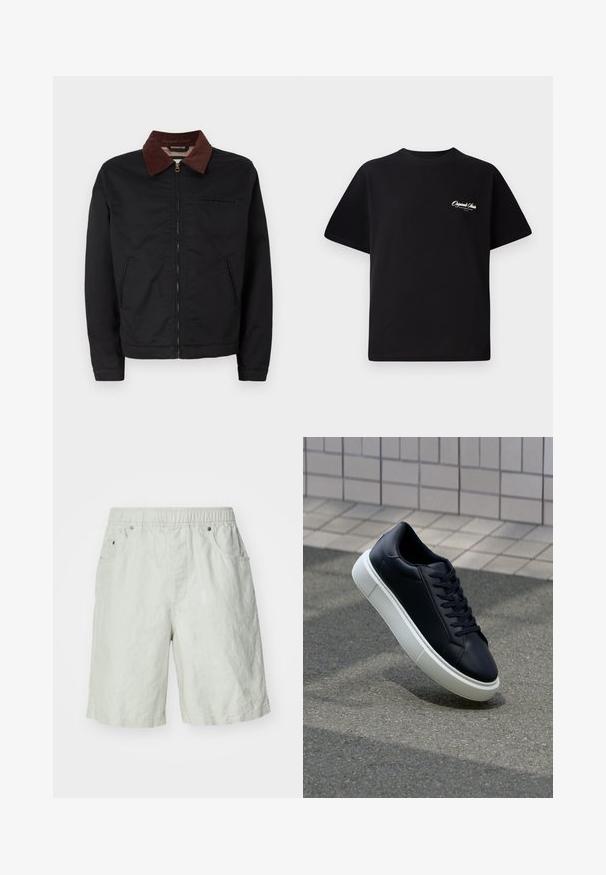 Jaqueta preta com fecho éclair, colarinho de veludo cotelê castanho, dois bolsos frontais e um bolso no peito, exibida sobre um fundo branco liso.; T-shirt de algodão preto com decote redondo, mangas curtas e pequeno texto de logo branco no lado esquerdo do peito. Design simples, corte clássico.; Calções cinza claro feitos de um tecido texturizado, com um cós elástico, dois bolsos laterais e um corte relaxado.; Sapatilha de couro preto com bico arredondado e sola de borracha branca. Apresenta atacadores planos e costuras mínimas na parte superior. Sola texturizada para melhor aderência.