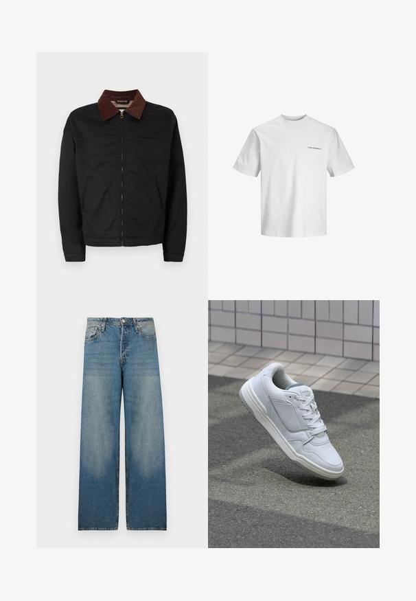 Giacca nera con zip, colletto in corduroy marrone, due tasche anteriori e una tasca sul petto, esibita su uno sfondo bianco semplice.; T-shirt bianca in cotone, colletto tondo, maniche corte, con piccolo testo nero sul lato sinistro. Texture liscia, vestibilità casual.; Jeans wide leg blu chiaro in tessuto denim, caratterizzati da vita alta, design a cinque tasche e aree sbiadite per un look vintage.; Sneaker bianca in pelle con lati perforati, accenti testurizzati, lacci piatti e tallone grigio a contrasto. Presenta una suola leggermente elevata.