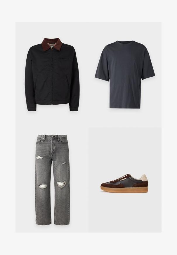 Črna zip-up jakna z rjavim žametnim ovratnikom, z dvema sprednjima žepoma in enim žepom na prsih, prikazana na enobarvni beli podlagi.; Temno siva majica s kratkimi rokavi iz lahkotnega bombaža, z ohlapnim krojem in klasičnim okroglim izrezom, z enostavno teksturo in brez vzorcev.; Sive tekstilne hlače ohlapnega kroja z raztrganinami na kolenih, klasično zasnovo s petimi žepi in zadrgo.; Rjavi semiš in usnjeni športni copat z gumijastim podplatom, z kremnimi akcenti in belimi vezalkami. Okrogla konica in minimalno oblikovanje.