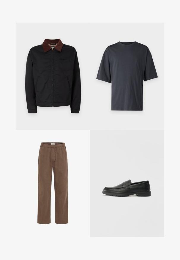 Svart zip-up jakke med brun kordfløyelskrage, to frontlommer og en brystlomme, vist mot en enkel hvit bakgrunn.; Mørk grå kortermet t-skjorte laget av lett bomull, med løs passform og klassisk rund hals, med ensartet tekstur og uten mønstre.; Brune, løstsittende bukser laget av myk bomull. Har elastisk midjebånd og rette ben design uten synlige lommer.; Svart skinnloafers med glatt finish, mokkasin-stil overdel, broderte detaljer og gummisåle. Klassisk design med lav hæl.