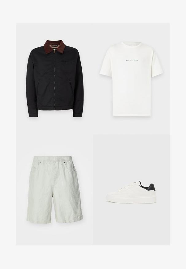 Must must ülikond, millel on pruun puuvillane krae, kaks eesmist taskut ja üks rinnatasku, esitletud tavalise valge tausta taustal.; Valge puuvillane T-särk lühikeste varrukatega ja ümar kaelus. Keskel on tekst "TERE TULEMA PARADISSE" kaardus rohelises fondis.; Heledad hallikas lühikesed püksid tekstureeritud kangast, elastse vöökoha, kahe küljetasku ja mugava lõikega.; Valge nahast sneaker, millel on reljeefne muster, tekstureeritud valge vaheline tall ja must kannaaktsent. Omab ümarat nina ja lamedat paelavarrast.