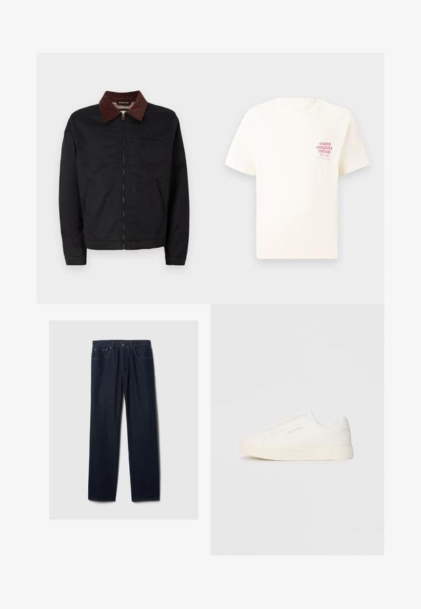 Jaqueta preta com fecho éclair, colarinho de veludo cotelê castanho, dois bolsos frontais e um bolso no peito, exibida sobre um fundo branco liso.; T-shirt branca de mangas curtas com o texto vermelho "Edição Originais do Estúdio" no lado esquerdo do peito, apresentada sobre um fundo cinza neutro.; Calças de ganga de perna reta em azul-escuro com design de cinco bolsos, fecho de botão e costura visível sobre um fundo claro e liso.; Sapatilhas brancas de atacar com uma superfície texturizada, sola grossa e design minimalista. Possui o logo da marca na lateral.