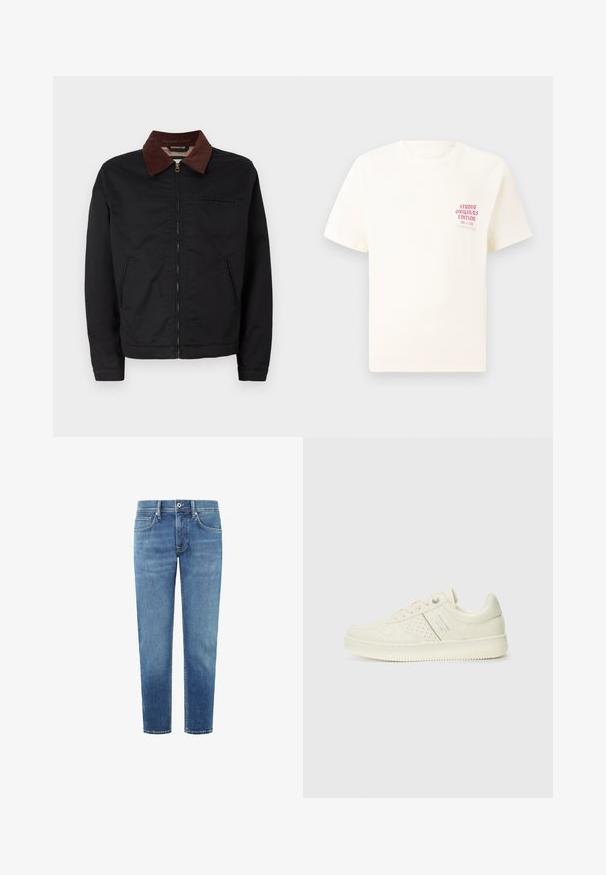 Crna jakna na zatvaranje sa rajsferšlusom i ovratnikom od smeškastog pamuka, sa dva prednja džepa i jednim džepom na grudima, prikazana na jednostavnoj beloj pozadini.; Bijela kratka majica s kratkim rukavima s crvenim natpisom "Studio Originals Edition" na lijevoj strani grudi, prikazana na neutralnoj sivoj pozadini.; Svijetloplave traperice ravnog kroja s pet džepova i klasičnim pojasom. Glatka tekstura s blagim izbljeđivanjem i kontrastnim šavovima.; Kremasto bijele tenisice s perforiranim detaljima, vezicama i logotipom s bočne strane, prikazane na jednostavnoj bijeloj pozadini.