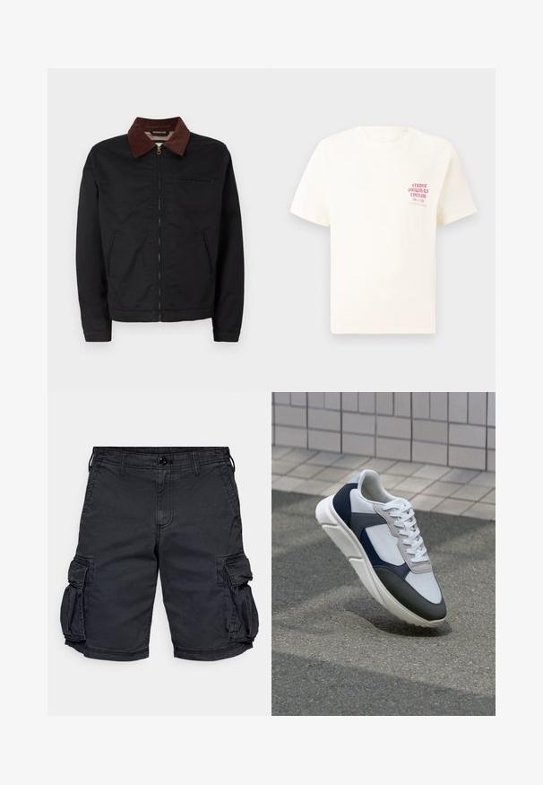 Veste zippée noire avec col en velours côtelé marron, deux poches avant et une poche poitrine, présentée sur un fond blanc uni.; T-shirt blanc à manches courtes avec le texte rouge "Édition Originals du Studio" sur la poitrine gauche, présenté sur un fond gris neutre.; Shorts cargo noirs en coton avec plusieurs poches latérales, une fermeture éclair et des passants de ceinture. Fabriqués dans un tissu résistant avec des coutures visibles.; Baskets blanches, bleu marine et grises avec un design en matériaux mélangés, présentant une tige texturée, des lacets plats et une semelle rembourrée.