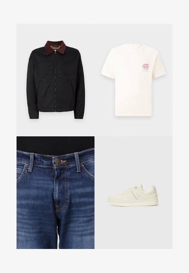 Jaqueta preta com fecho éclair, colarinho de veludo cotelê castanho, dois bolsos frontais e um bolso no peito, exibida sobre um fundo branco liso.; T-shirt branca de mangas curtas com o texto vermelho "Edição Originais do Estúdio" no lado esquerdo do peito, apresentada sobre um fundo cinza neutro.; Jeans de denim azul com um corte reto. Apresentam uma fecho de botão, costura em contraste e design de cinco bolsos. O nome da marca "Lee" visível no botão.; Sapatilha de cor creme com detalhes perfurados, atacadores e logotipo na lateral, apresentada contra um fundo branco liso.