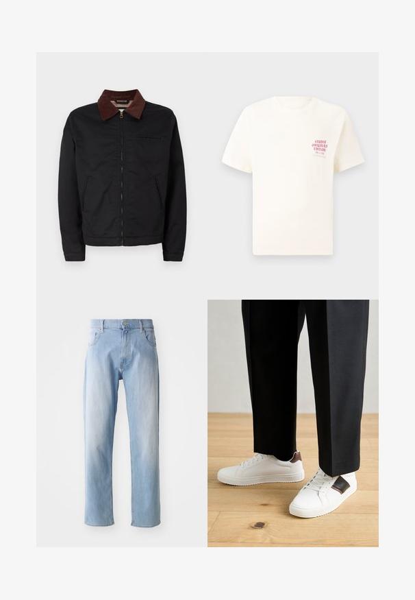 Melnas zip-up jaka ar brūnu korduroja apkakli, divām priekšējām kabatām un vienu krūšu kabatu, izvietota uz vienkārša balta fona.; Balts īsām piedurknēm T-krekls ar sarkanu tekstu "Studio Originals Edition" uz kreisā krūšu, pakārtots neitrālā pelēkā fonā.; Gai zila denima bikses ar taisnu kāju dizainu, kas satur piecus kabatas, pogas aizdari un viegla izbalēšana.; Baltā pārsoļa apavi ar gludu tekstūru, papildināti ar brūniem ādas akcentiem un melniem elementiem, savienoti ar melnām pielāgotām biksēm. Koka grīdas fons.